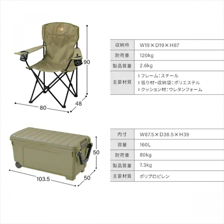 HUGEL キャンプ用品５点セット２人用ハイタイプ/カーキ