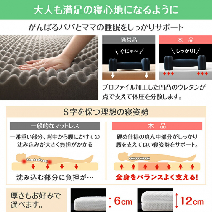 厚さが選べる 高通気・抗菌防臭 ファミリーマットレス敷き布団 厚さ6cm ワイドK280 / アイボリー