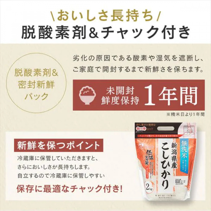 低温製法米 無洗米 新潟県産こしひかり チャック付き 2kg【4袋セット】 