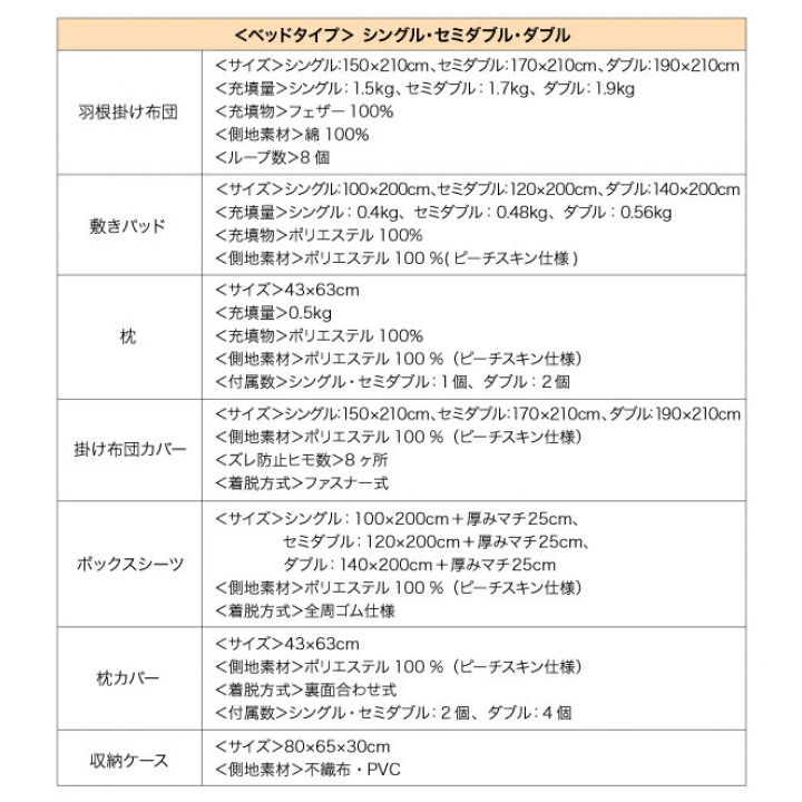 3年保証 新20色羽根布団11点セット ベッドタイプ　ダブル / アイボリー