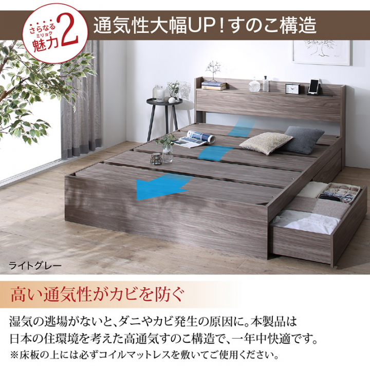 棚・コンセント付き引き出し収納ベッド セミダブル（ベッドフレームのみ） / アクセントブラウン