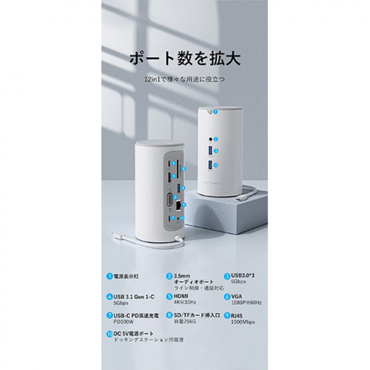 VENTION 12-in-1 USB-C タワードッキングステーション 0.25M ホワイト TP-8184